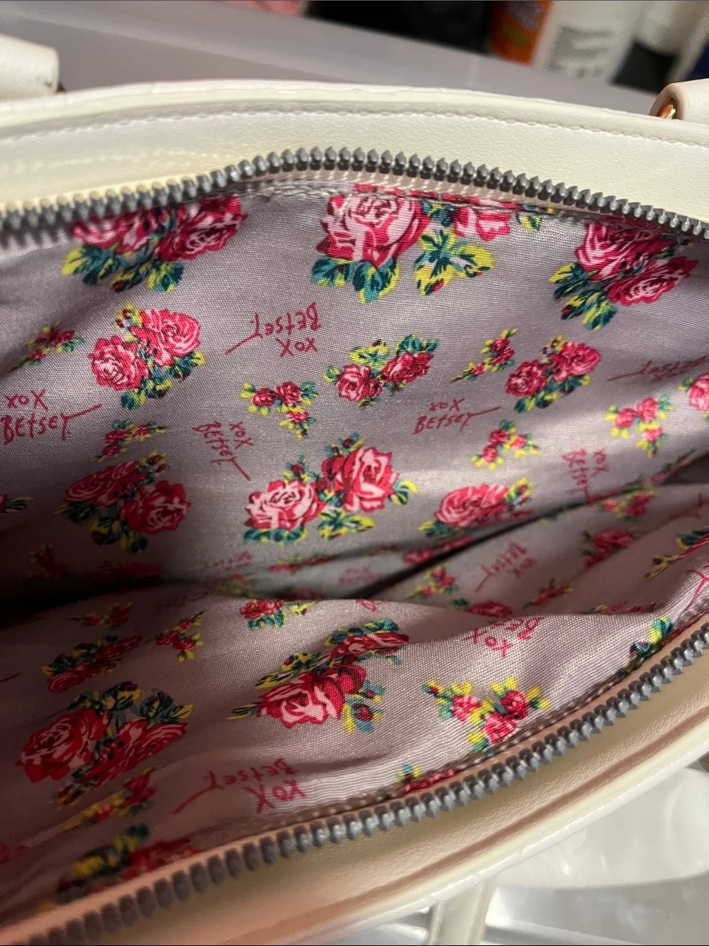 Betsey Johnson White Embossed Floral Satchel with Floral Scarf Accent - Picture 5 of 7